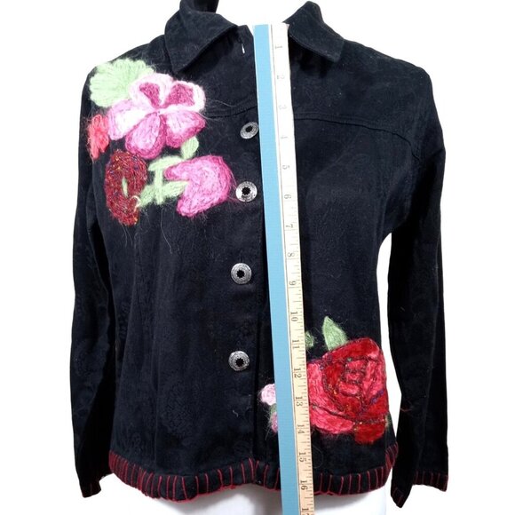 Choices Petite Womens Black Pattern Jacket Pink/Red Floral Applique Metal Button - Picture 12 of 12